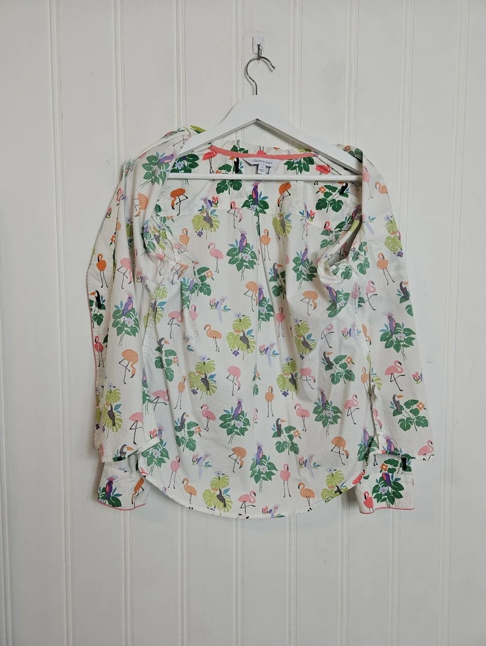 The Company Store Pajama Top S Cotton Poplin Tropical Flamingo Birds Print White
